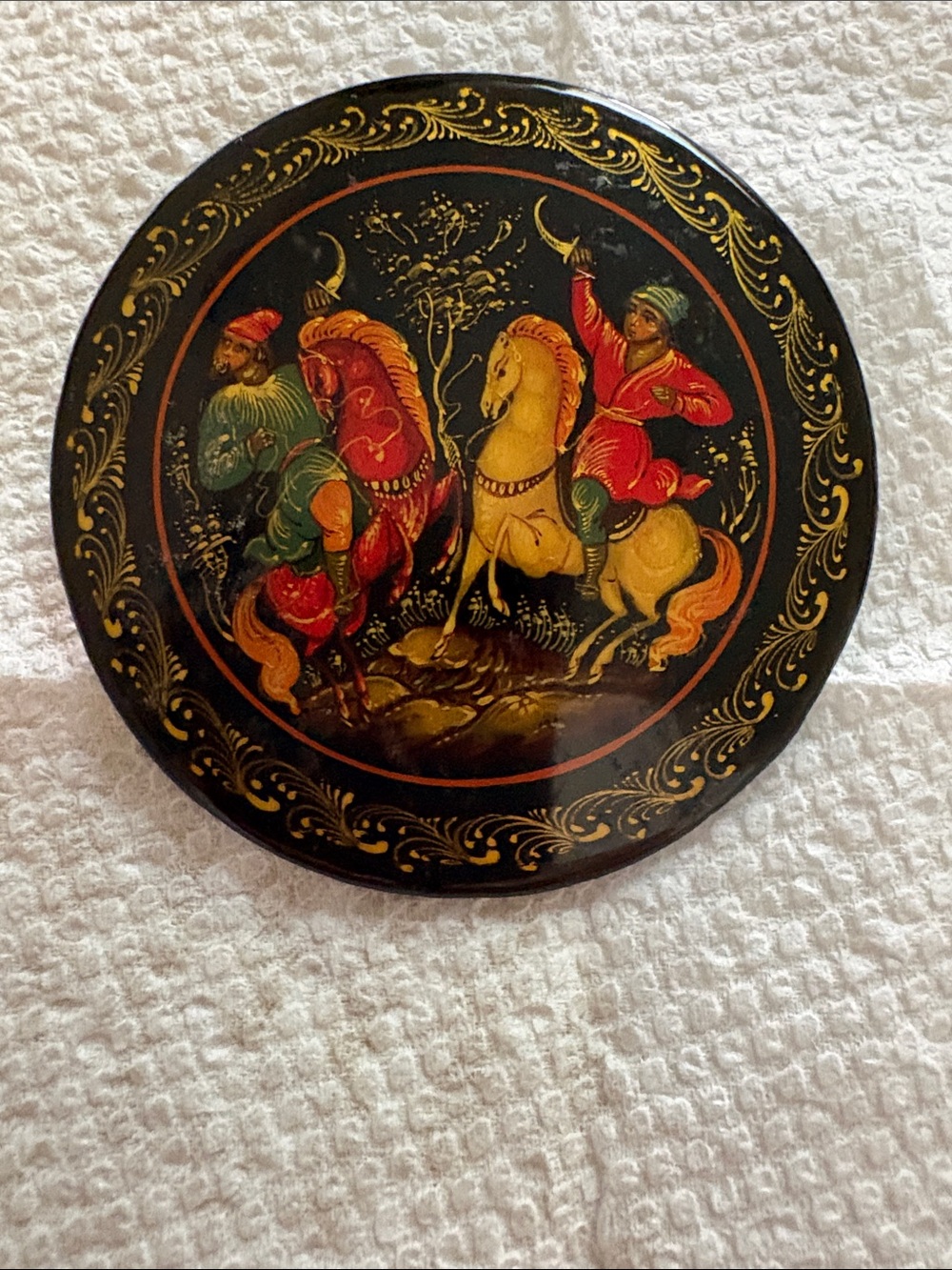 Hand-Painted Round Decorative Box with Riders